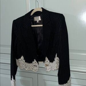 LoveShackFancy Black Pinstripe Blazer with White Lace